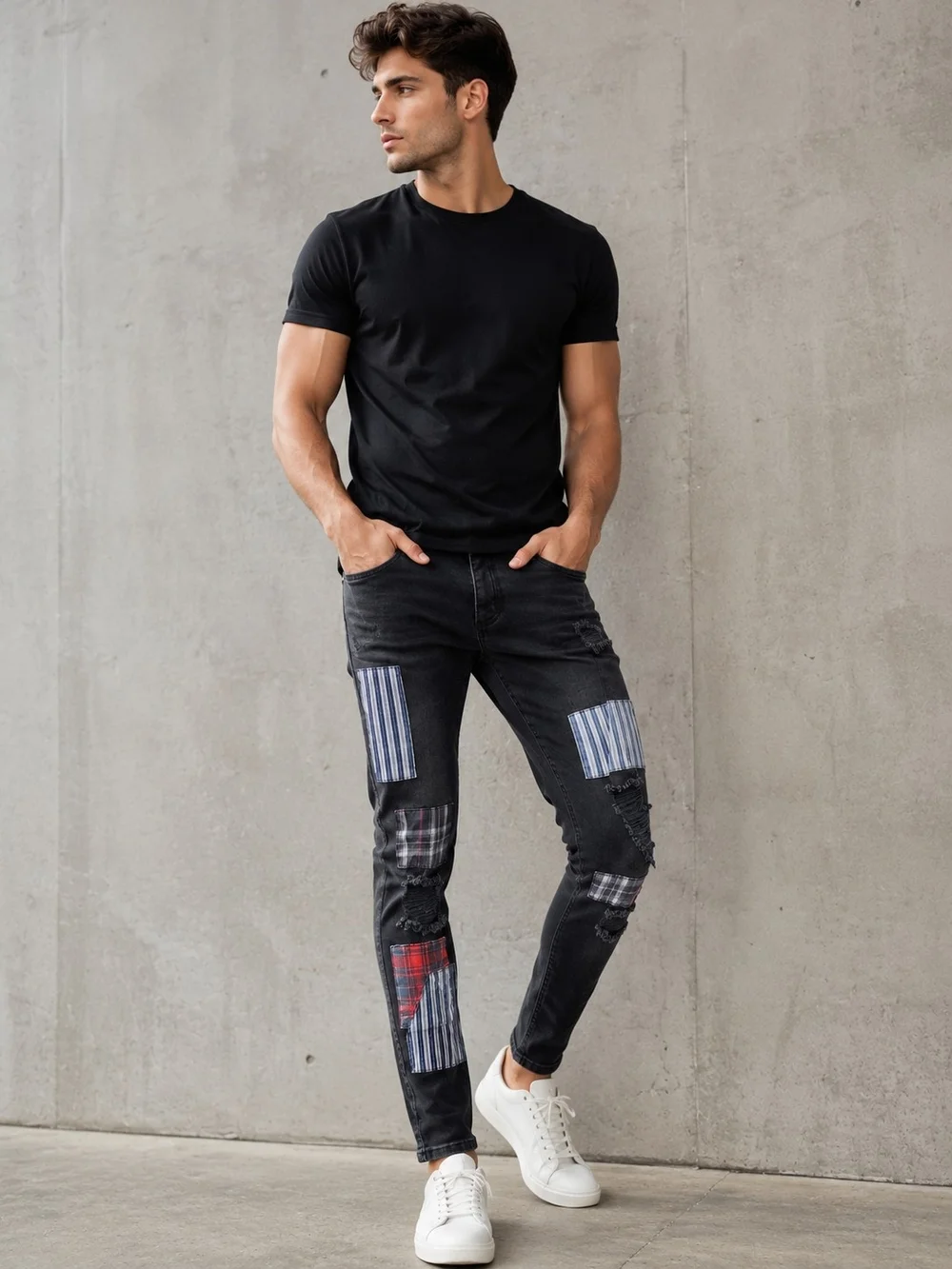 SIKSILK Men’s Distressed Patchwork Skinny Jeans – Size 31